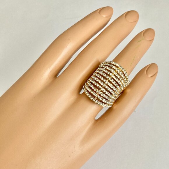 Deco Dome Cubic Zirconia Cocktail Ring Yellow Gold Plated Size 7 8 9 Statement - Picture 6 of 16